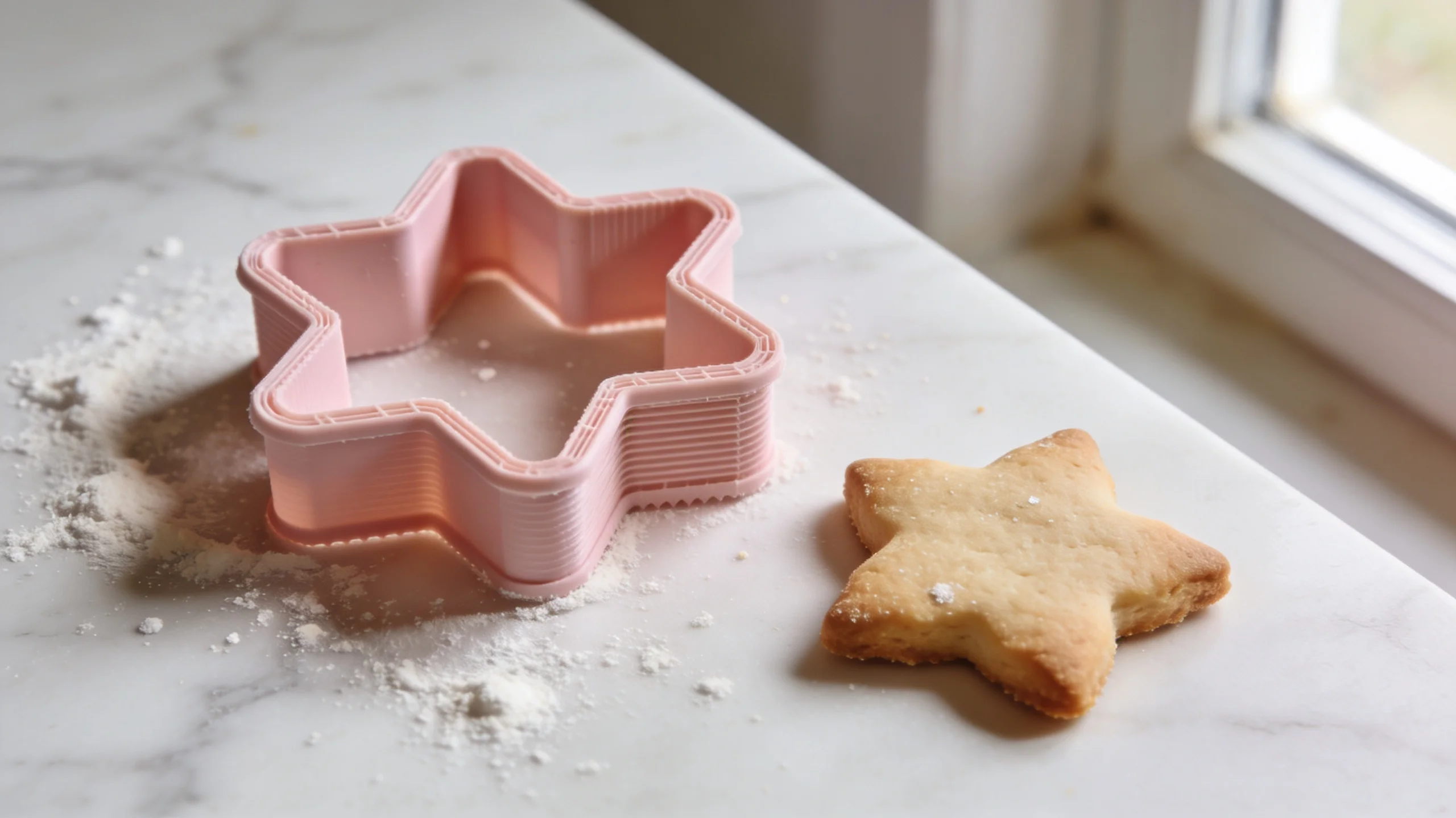 Pastellfarbener 3D-gedruckter PLA-Ausstecher auf Marmoroberfläche mit frisch gebackenem Stern-Plätzchen