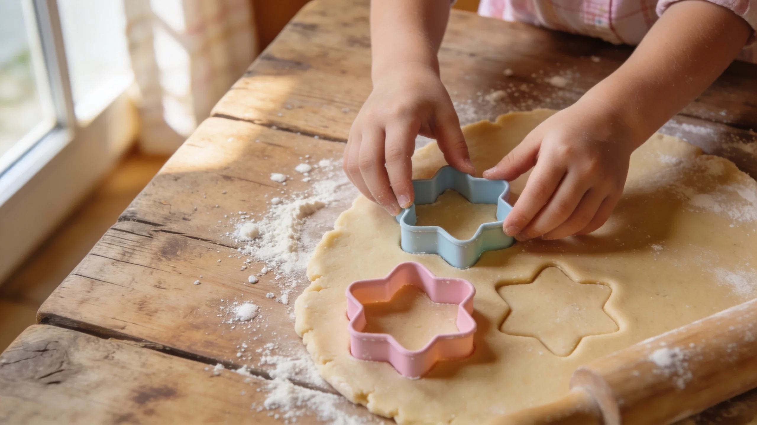 Kinderhände arbeiten mit pastellfarbenen Ausstechern auf Holztisch, Mehl, warmes Tageslicht