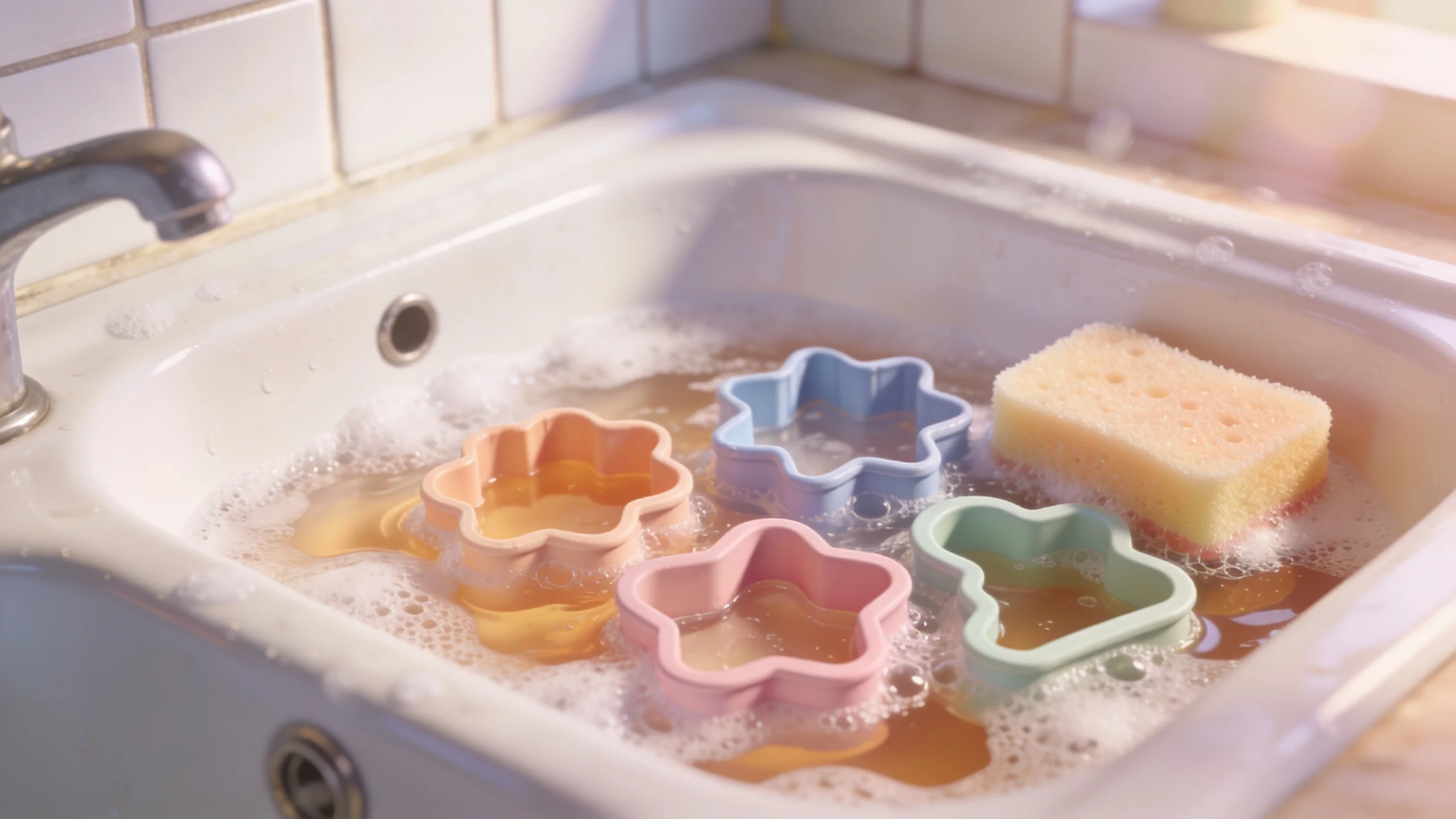Pastellfarbene Ausstecher werden in warmem Seifenwasser gereinigt, helle Küche