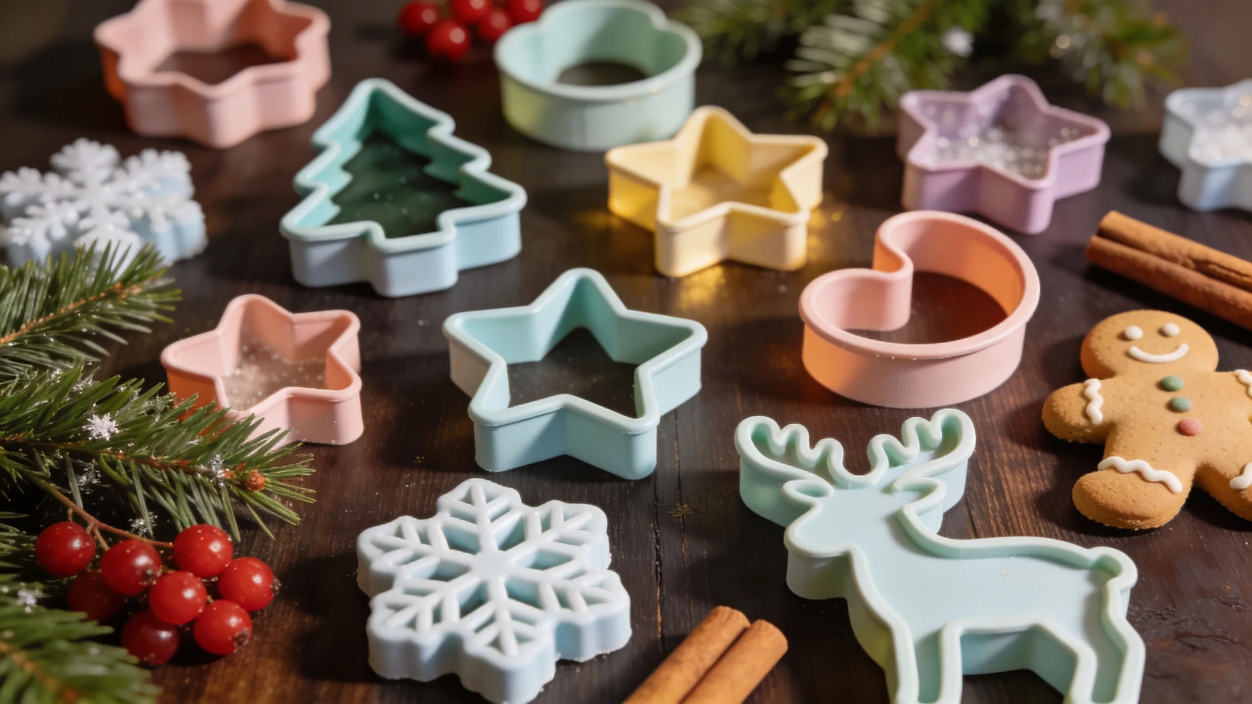 Auswahl pastellfarbener Weihnachts-Ausstecher auf dunklem Holztisch mit Tannenzweigen