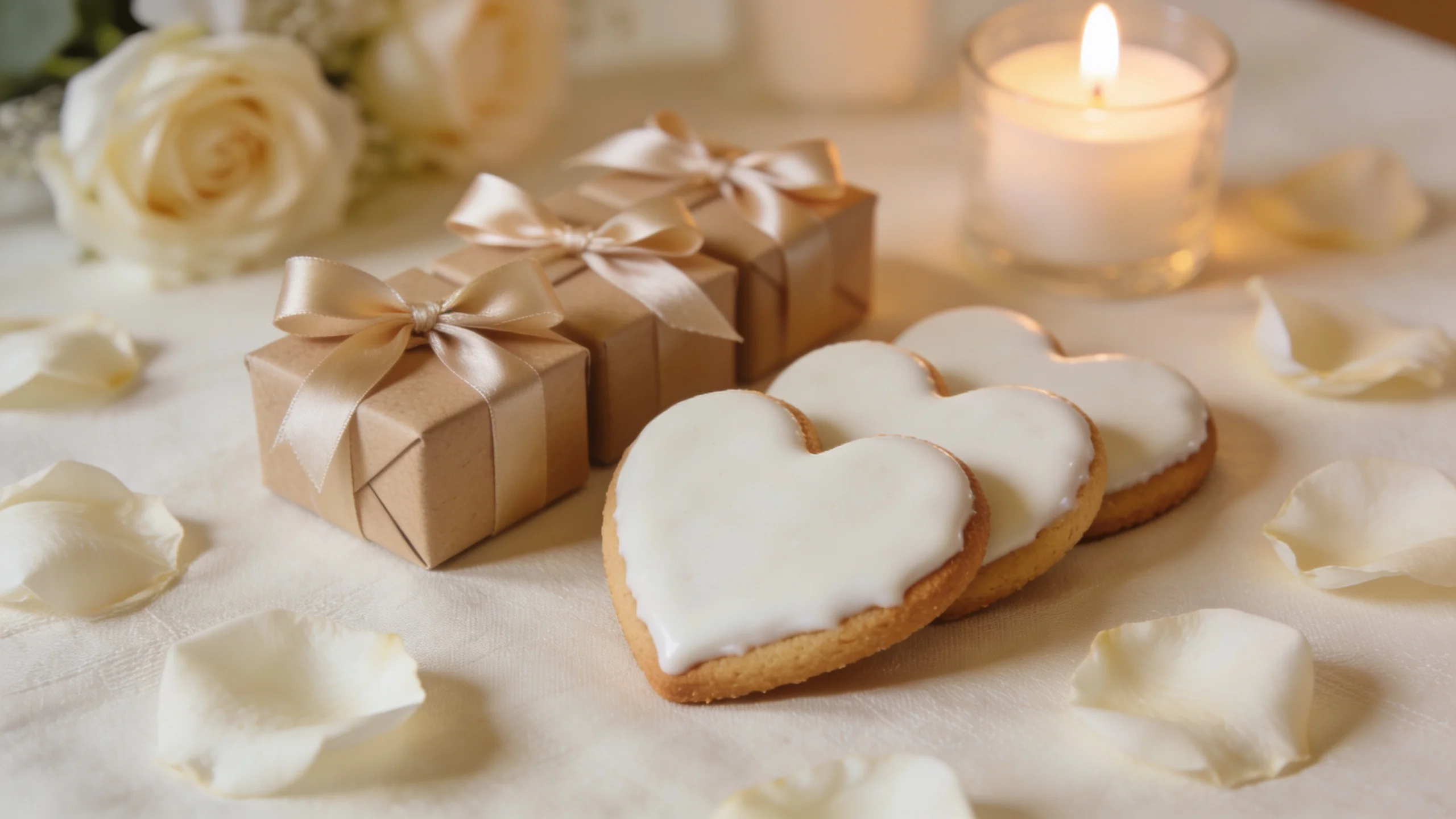 Herzförmige Plätzchen mit weißem Zuckerguss auf cremefarbener Leinenhochzeitsdeko