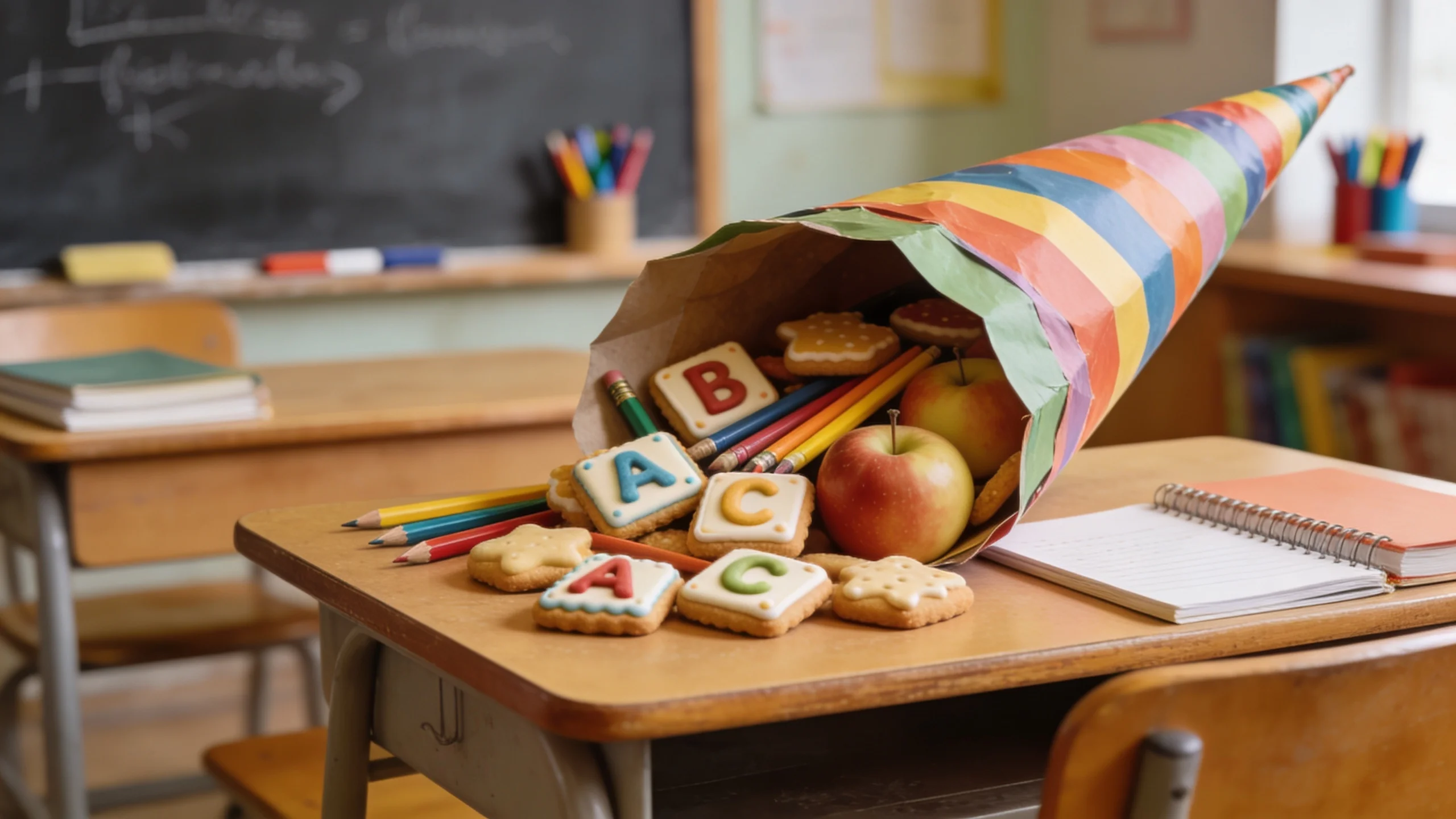 Deutsche Schultüte mit Plätzchen in Schulmotiven auf Holz-Schreibtisch